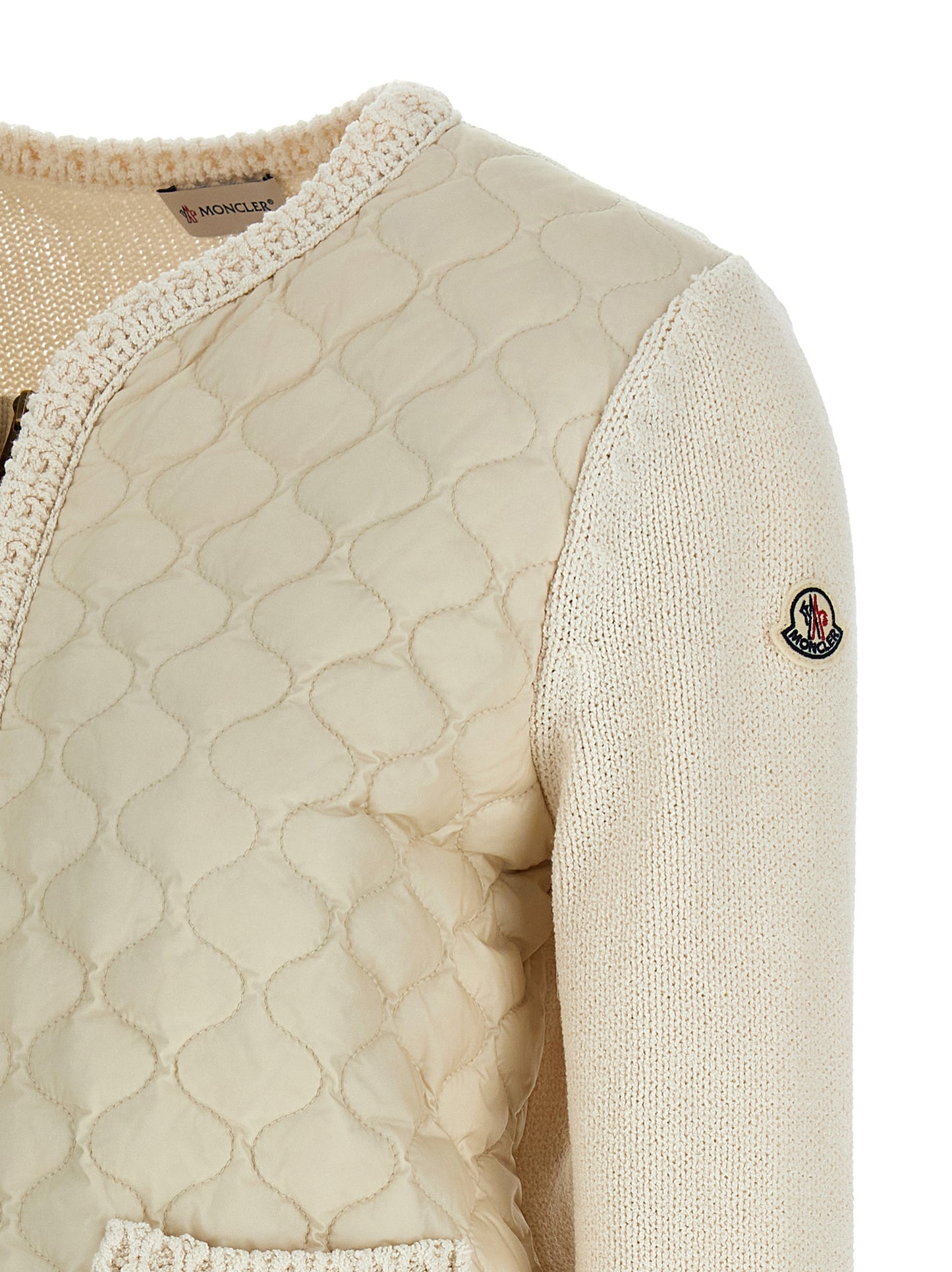 Cardigan by Moncler for women in polyamide cotton felt beige features a dramatic silhouette, showcasing a sophisticated and dramatic detail for a timeless, premium look.