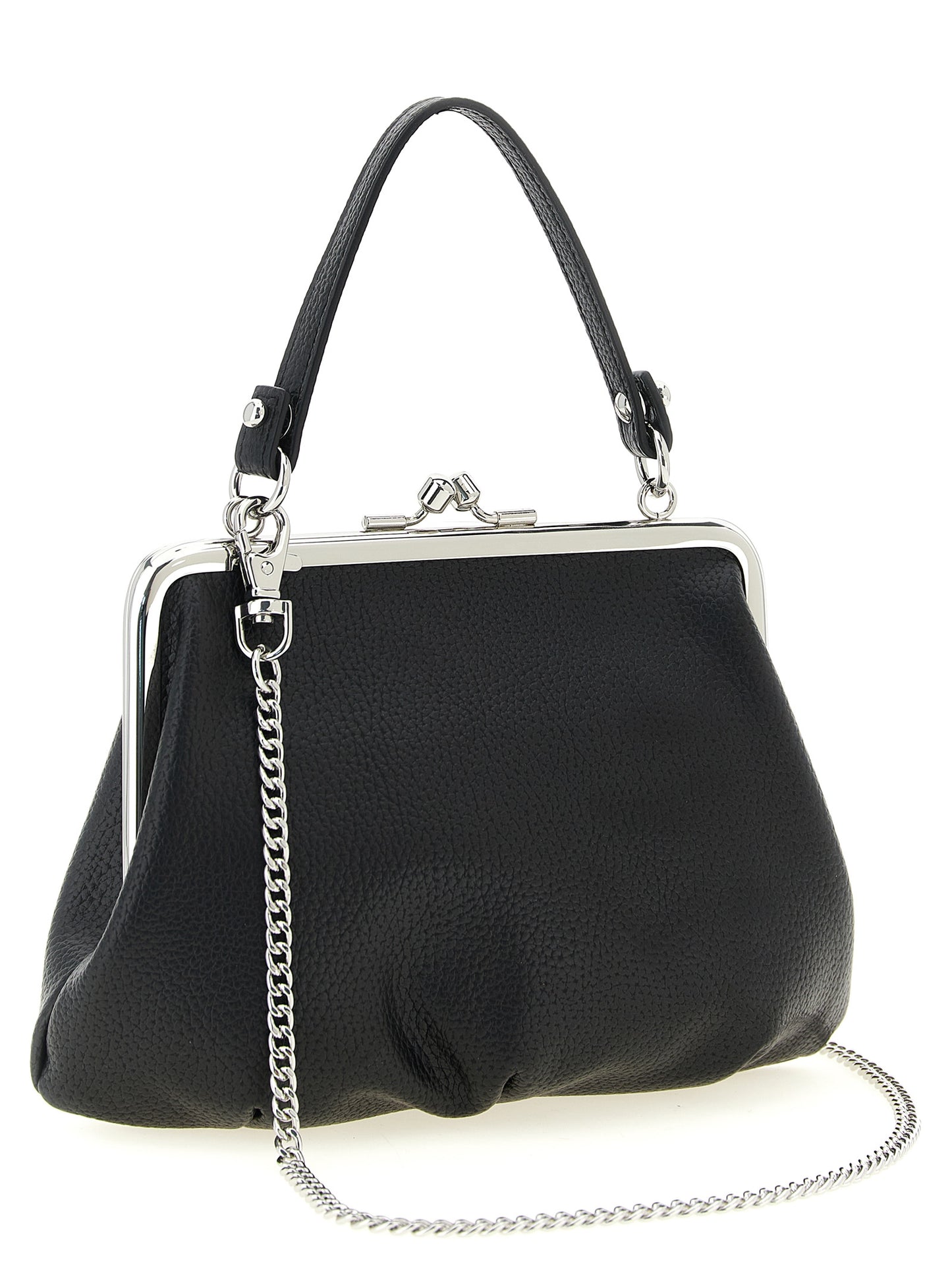 This Frame Handbag by Vivienne Westwood for women in pvc cotton polyester and black & signature presents a sculptural silhouette featuring a secure snap, ample , and versatile shoulder-strap & handle for a sculptural finish.