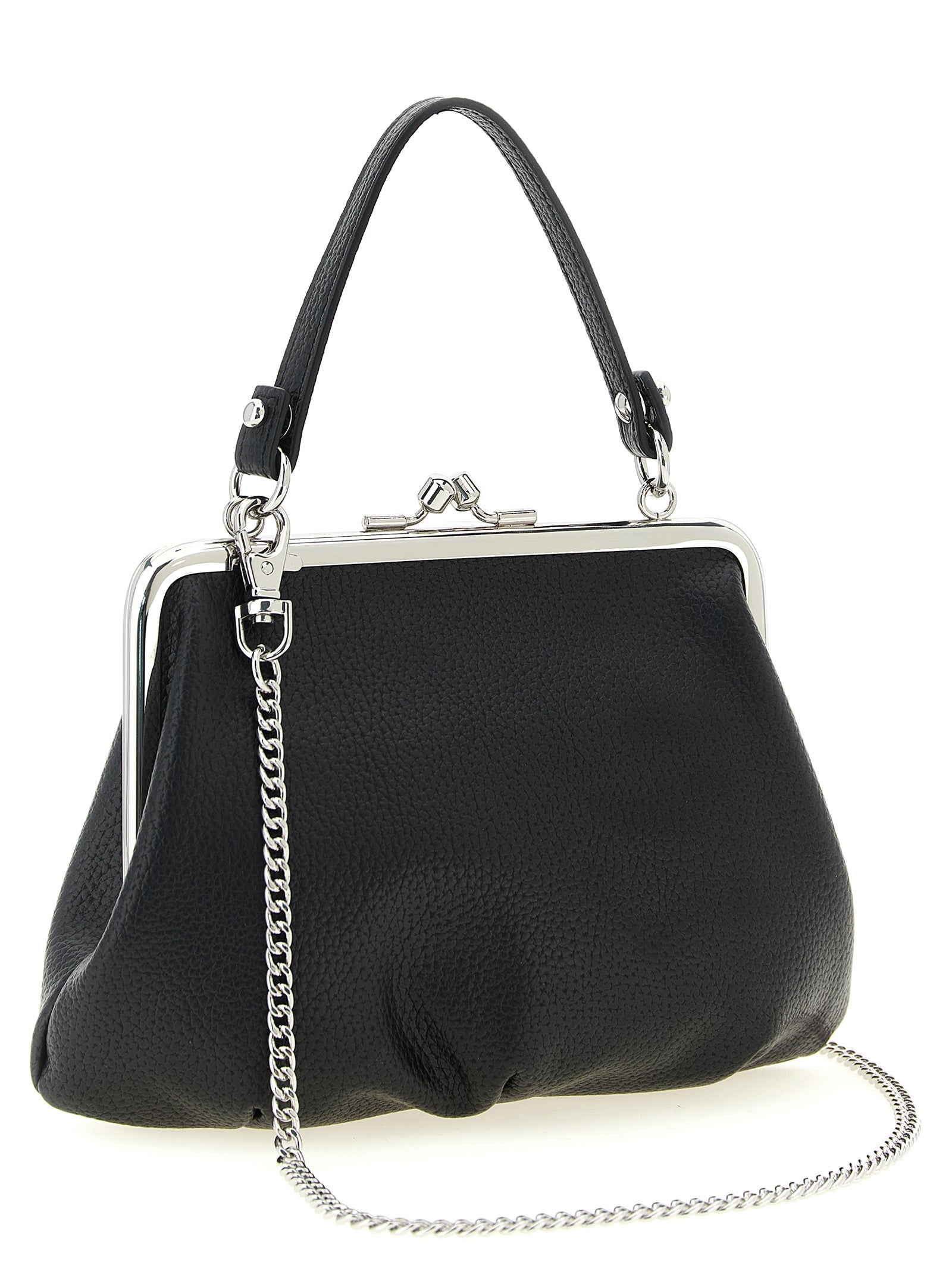This Frame Handbag by Vivienne Westwood for women in pvc cotton polyester and black & signature presents a sculptural silhouette featuring a secure snap, ample , and versatile shoulder-strap & handle for a sculptural finish.
