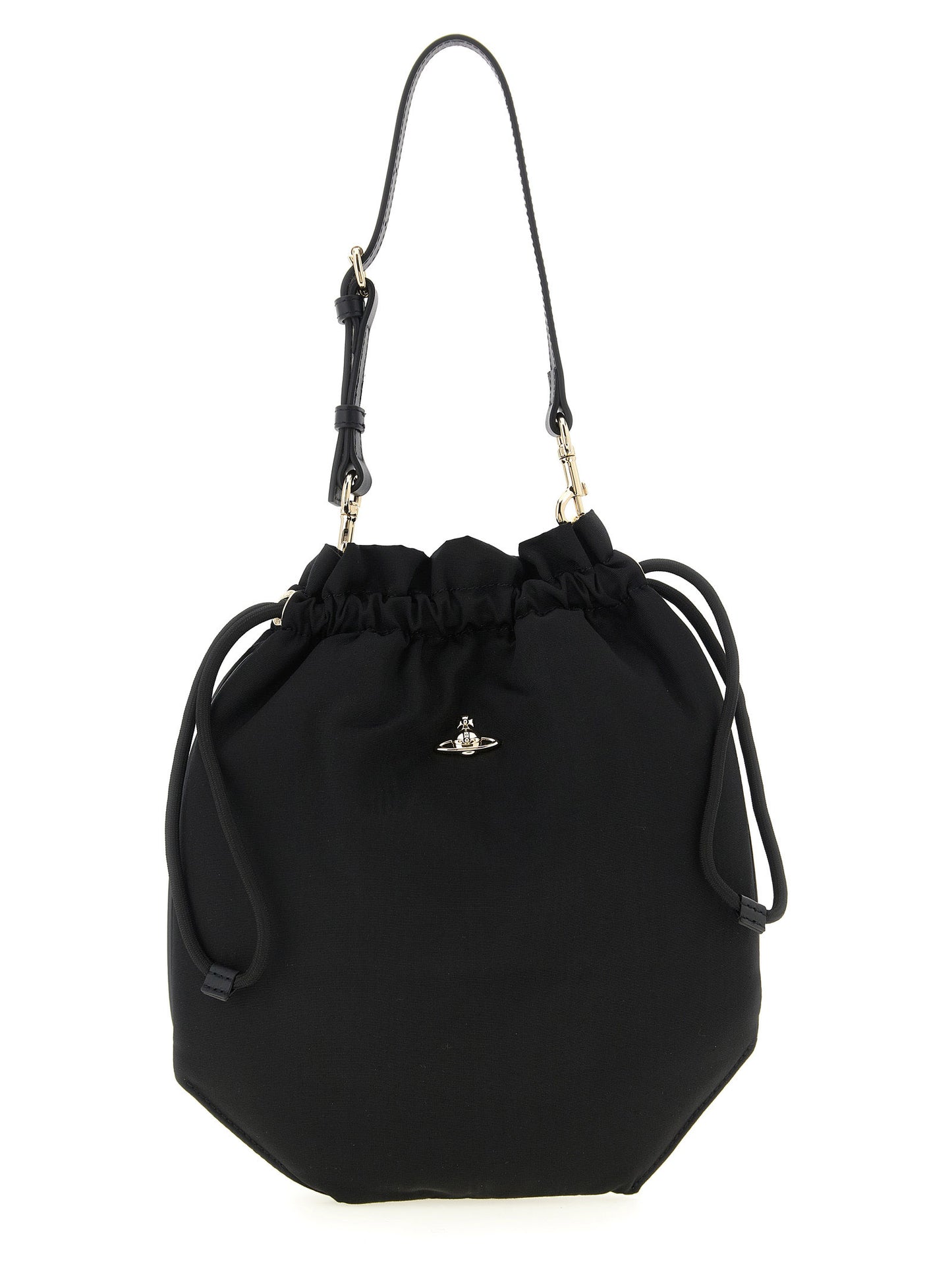 Drawstring Pouch Handbag by Vivienne Westwood for women in viscose & rubber black features a refined silhouette, showcasing a secure drawstring, organized , and versatile handle, adjustable-strap & detachable-strap for a refined finish.