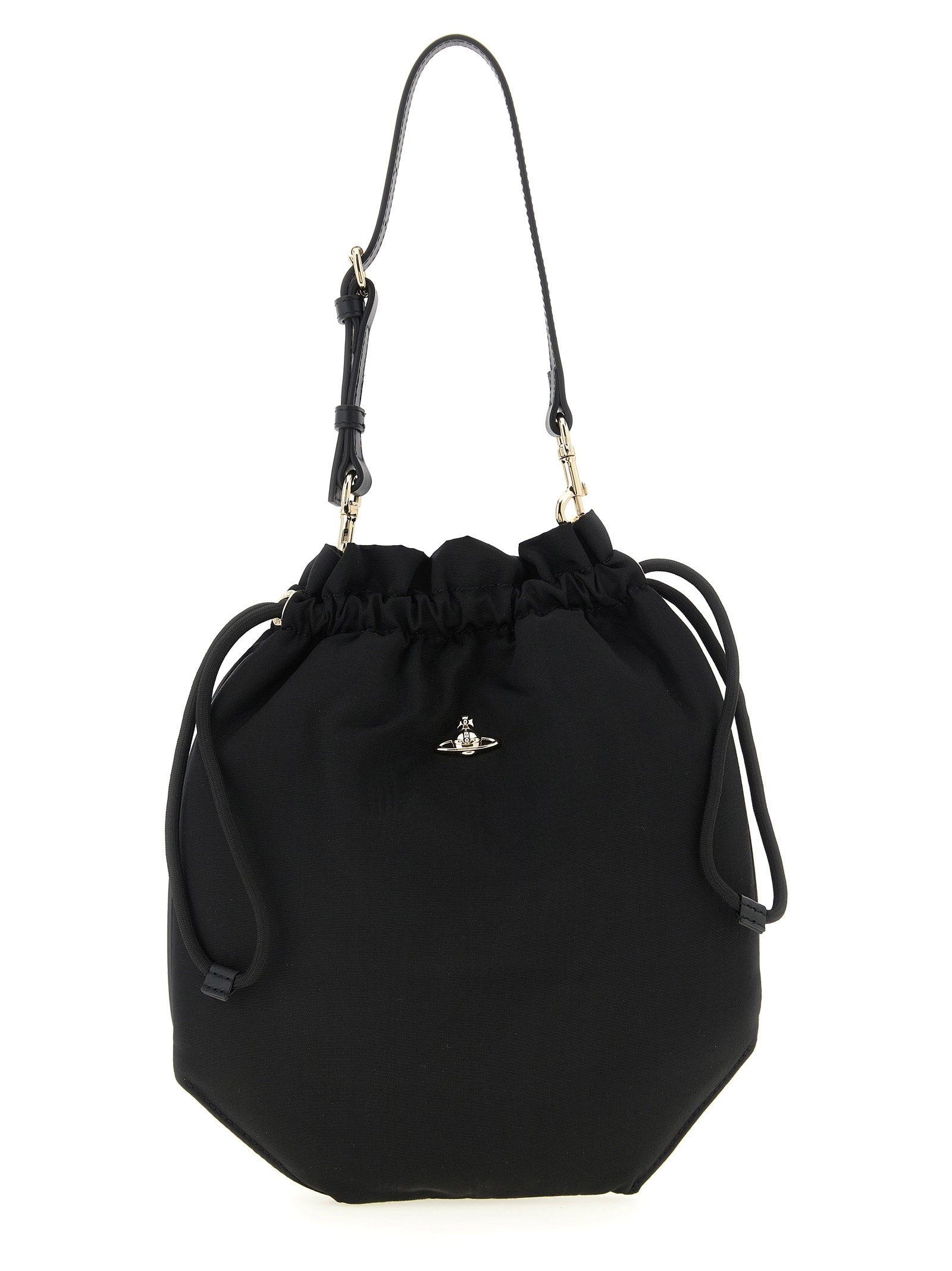 Drawstring Pouch Handbag by Vivienne Westwood for women in viscose & rubber black features a refined silhouette, showcasing a secure drawstring, organized , and versatile handle, adjustable-strap & detachable-strap for a refined finish.