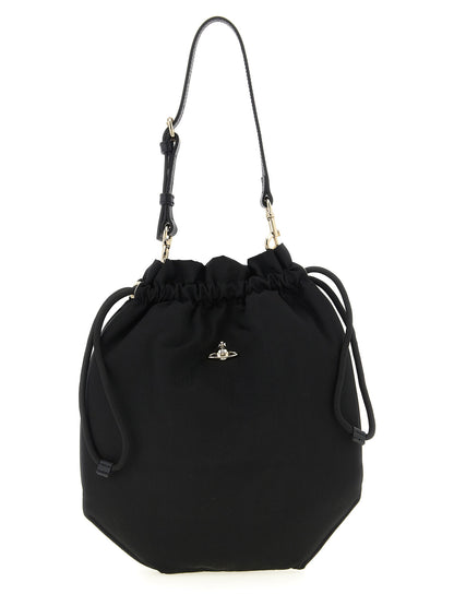 Drawstring Pouch Handbag by Vivienne Westwood for women in viscose & rubber black features a refined silhouette, showcasing a secure drawstring, organized , and versatile handle, adjustable-strap & detachable-strap for a refined finish.