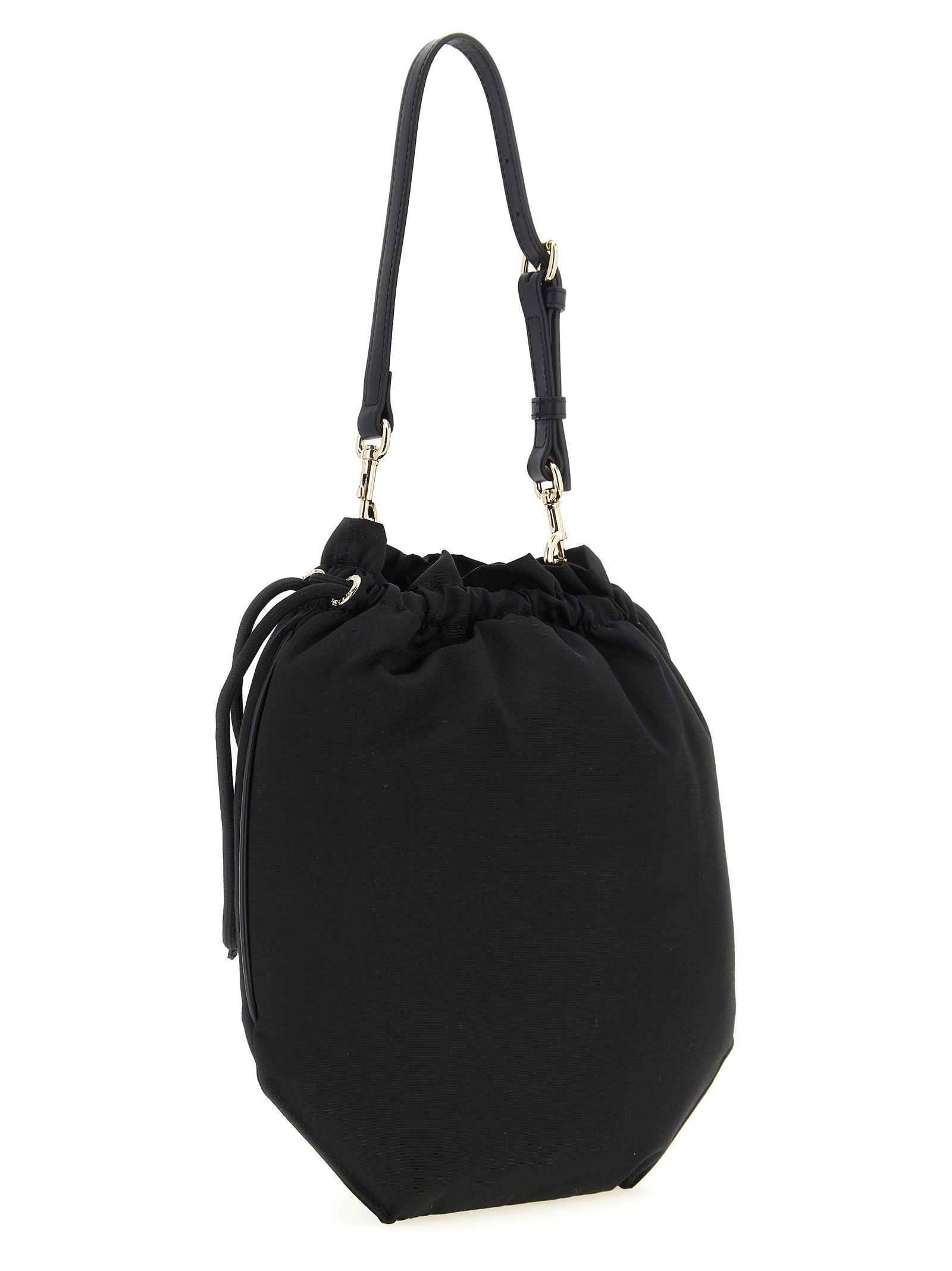 Drawstring Pouch Handbag by Vivienne Westwood for women in viscose & rubber black features a contemporary silhouette, showcasing a secure drawstring, ample , and contemporary handle, adjustable-strap & detachable-strap for a sophisticated look.