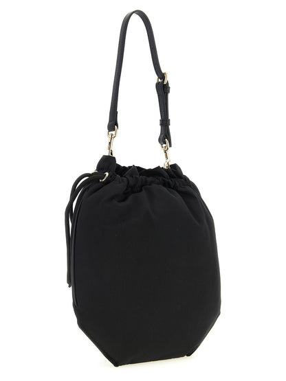 Drawstring Pouch Handbag by Vivienne Westwood for women in viscose & rubber black features a contemporary silhouette, showcasing a secure drawstring, ample , and contemporary handle, adjustable-strap & detachable-strap for a sophisticated look.