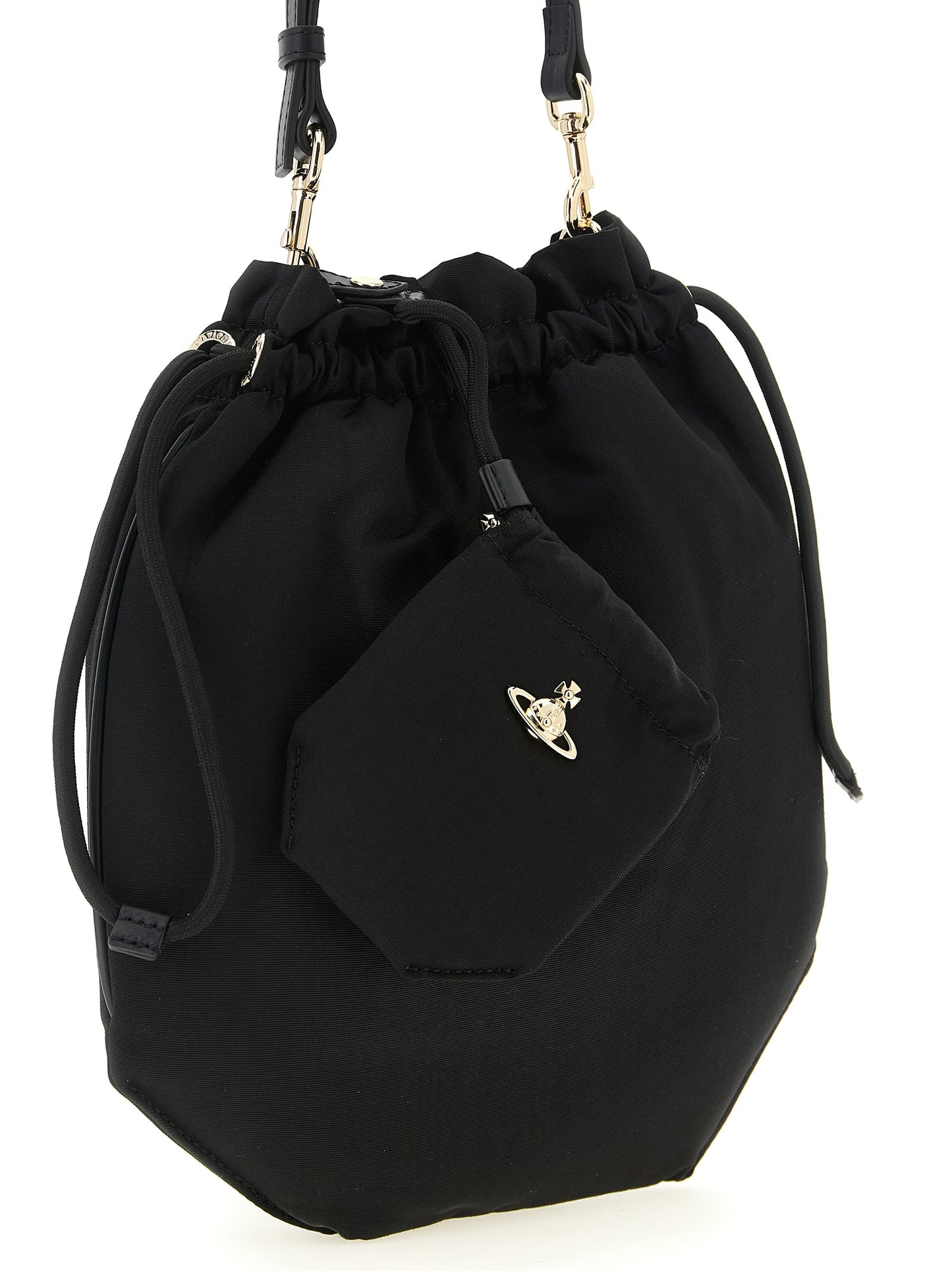 Drawstring Pouch Handbag by Vivienne Westwood for women in viscose & rubber black features a signature silhouette, showcasing a secure drawstring and signature with versatile handle, adjustable-strap & detachable-strap for a sophisticated look.
