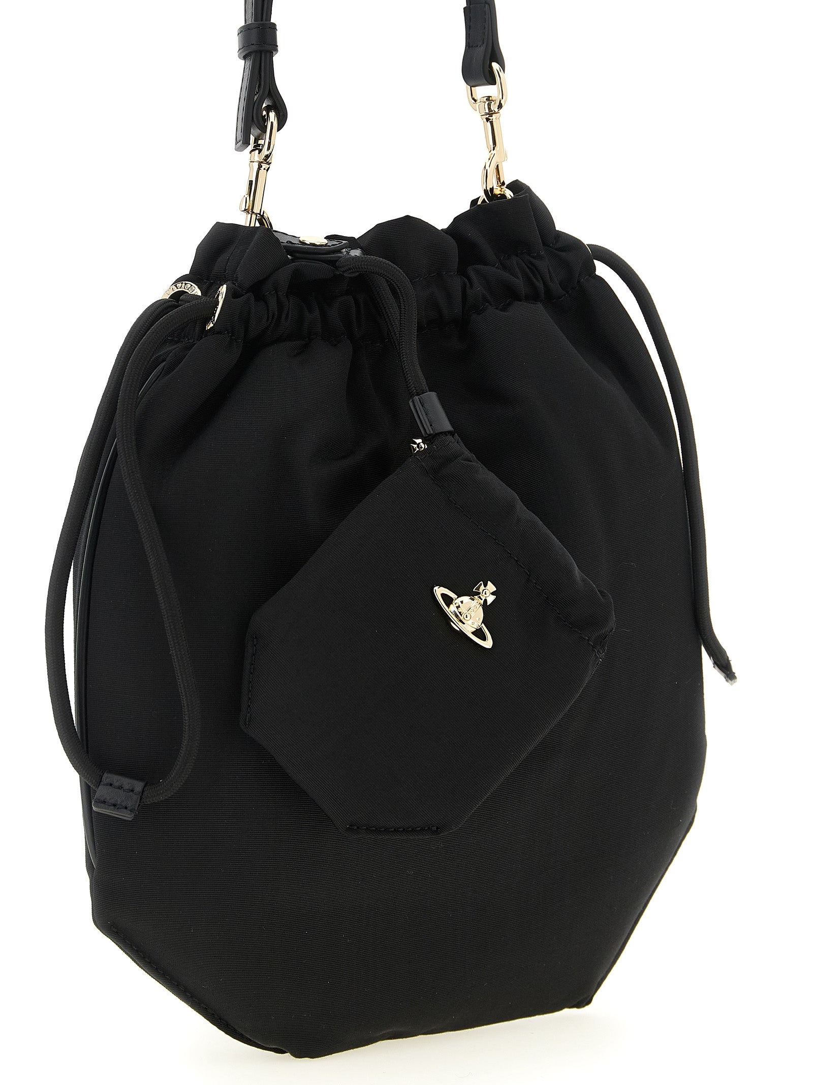 Drawstring Pouch Handbag by Vivienne Westwood for women in viscose & rubber black features a signature silhouette, showcasing a secure drawstring and signature with versatile handle, adjustable-strap & detachable-strap for a sophisticated look.