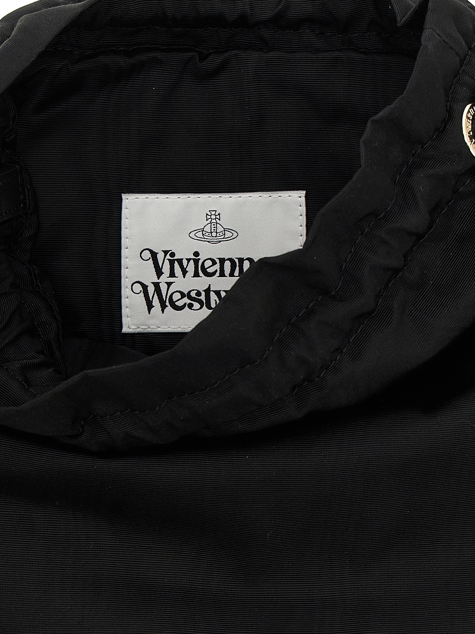 Drawstring Pouch Handbag by Vivienne Westwood for women in viscose & rubber black features an refined silhouette, showcasing a secure drawstring, ample , and versatile handle, adjustable-strap & detachable-strap for a sophisticated refined aesthetic.