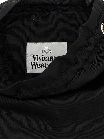 Drawstring Pouch Handbag by Vivienne Westwood for women in viscose & rubber black features an refined silhouette, showcasing a secure drawstring, ample , and versatile handle, adjustable-strap & detachable-strap for a sophisticated refined aesthetic.