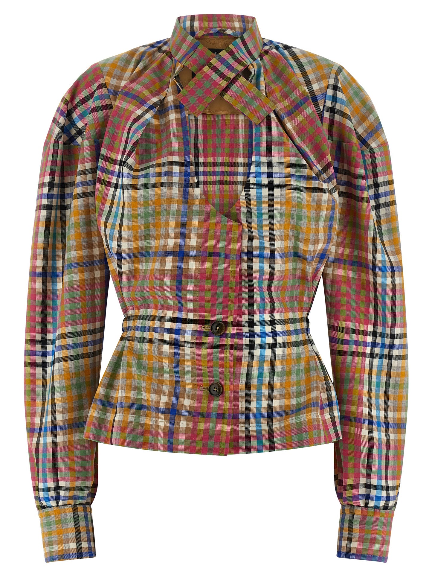 Blazer by Vivienne Westwood for women in wool multicolor presents a distinguished silhouette, detailed with a distinguished high-neck neckline and distinctive for a truly sophisticated finish.