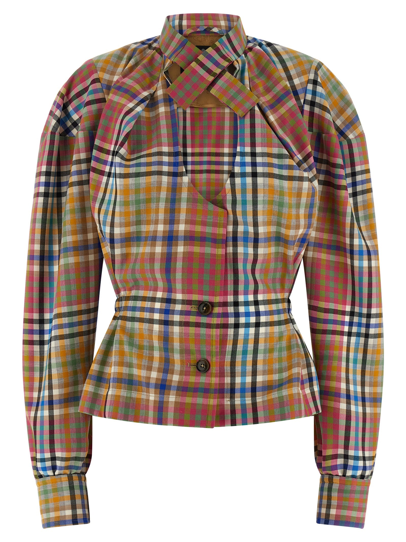 Blazer by Vivienne Westwood for women in wool multicolor presents a distinguished silhouette, detailed with a distinguished high-neck neckline and distinctive for a truly sophisticated finish.