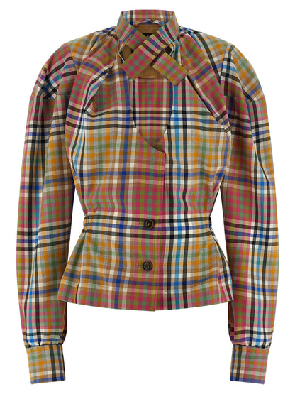 Blazer by Vivienne Westwood for women in wool multicolor presents a distinguished silhouette, detailed with a distinguished high-neck neckline and distinctive for a truly sophisticated finish.
