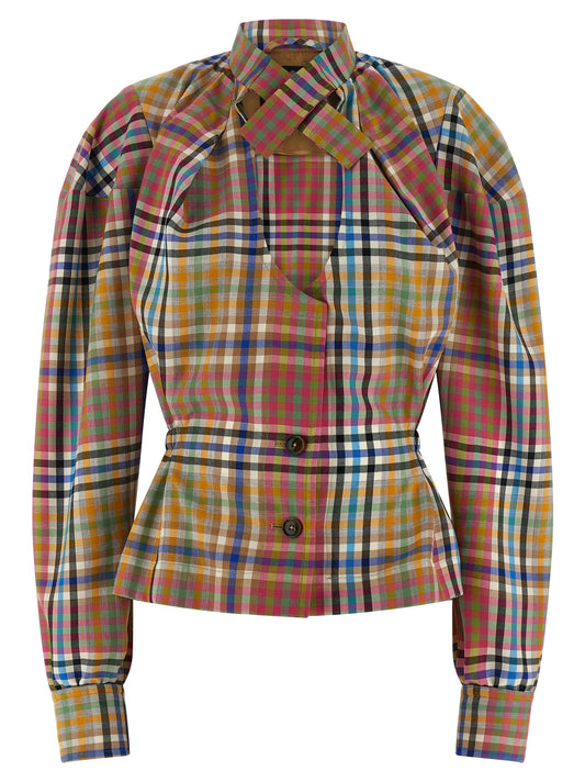 Blazer by Vivienne Westwood for women in wool multicolor presents a distinguished silhouette, detailed with a distinguished high-neck neckline and distinctive for a truly sophisticated finish.