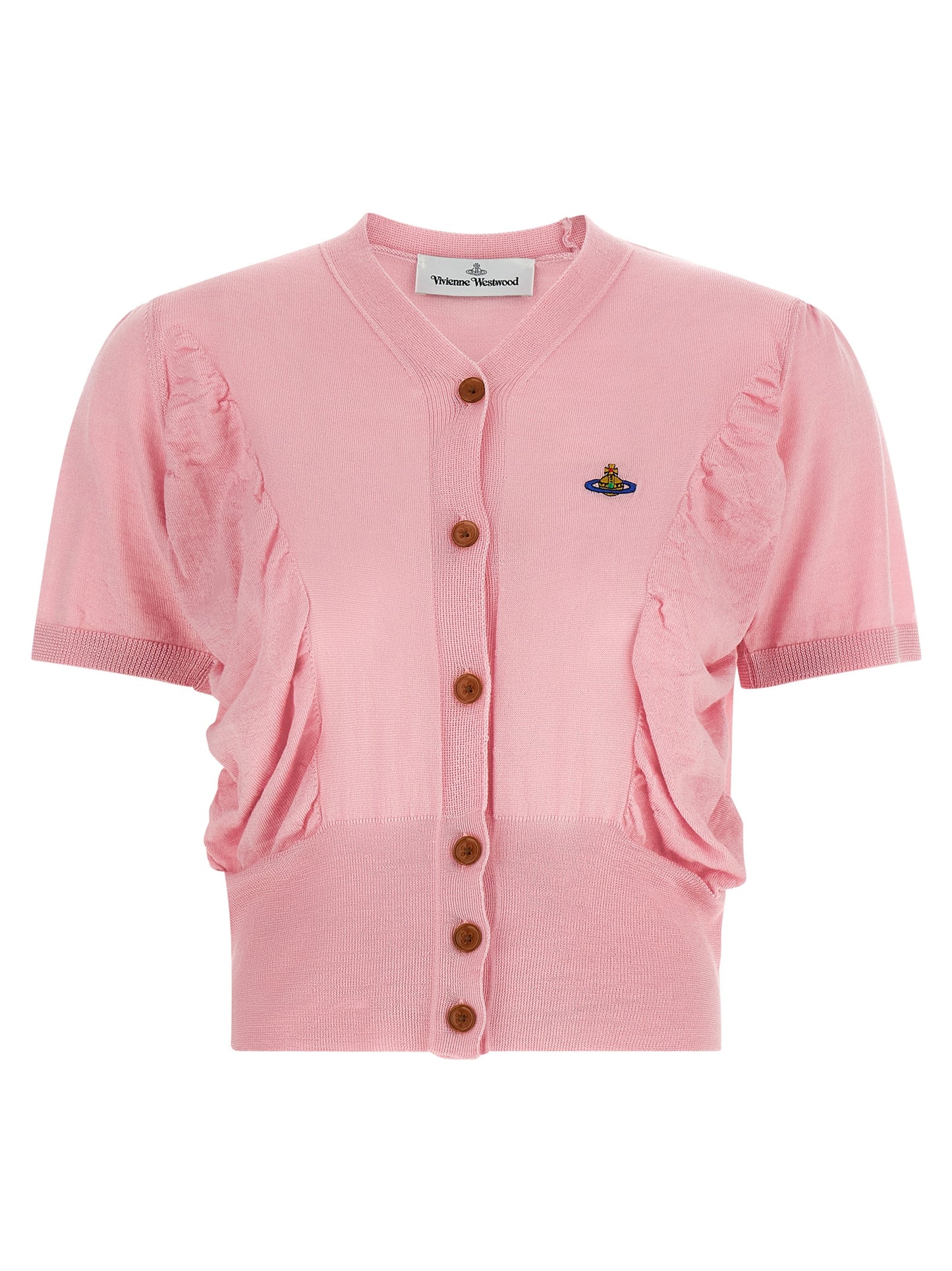 Cardigan by Vivienne Westwood for women in wool & silk multicolor & pink features an impeccable silhouette, showcasing a sophisticated v-neck neckline and detail for a truly impeccable finish.