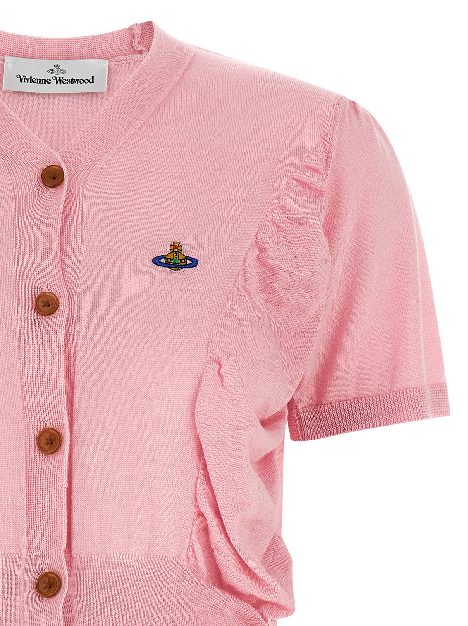 Cardigan by Vivienne Westwood for women in wool & silk multicolor & pink features a nuanced silhouette with a refined v-neck neckline and nuanced detailing for a sophisticated look.
