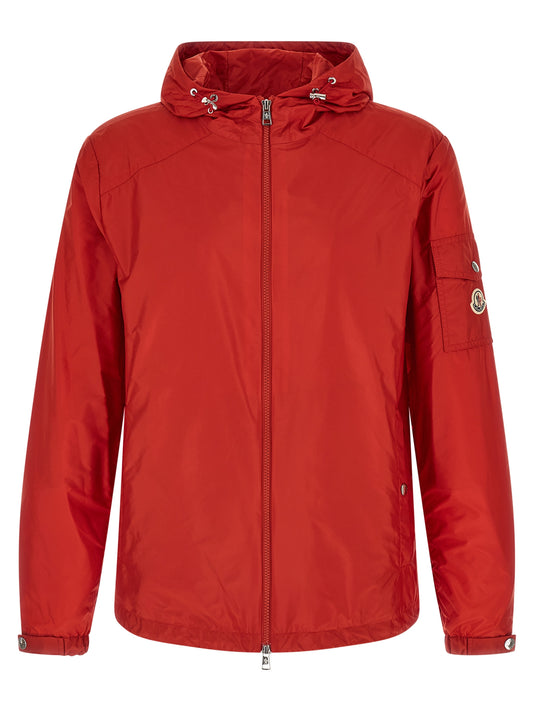 Hooded Windbreaker Jacket by Moncler for men in nylon felt multicolor & red showcases a modern silhouette, integrating hooded & windproof and a modern hooded high-neck neckline for a sophisticated finish.