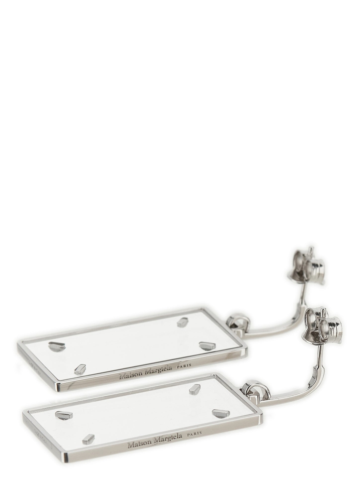 Earrings by Maison Margiela for women in calfskin leather silver showcases a enchanting silhouette, artfully incorporating the intricate seen in the Four Stitches Women's Silver Brass Earrings.