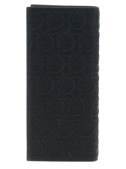 Ferragamo Gancini Calfskin Leather Wallet - Black Patterned Signature