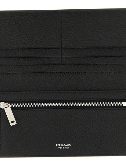 Ferragamo Gancini Calfskin Leather Wallet - Black Patterned Signature