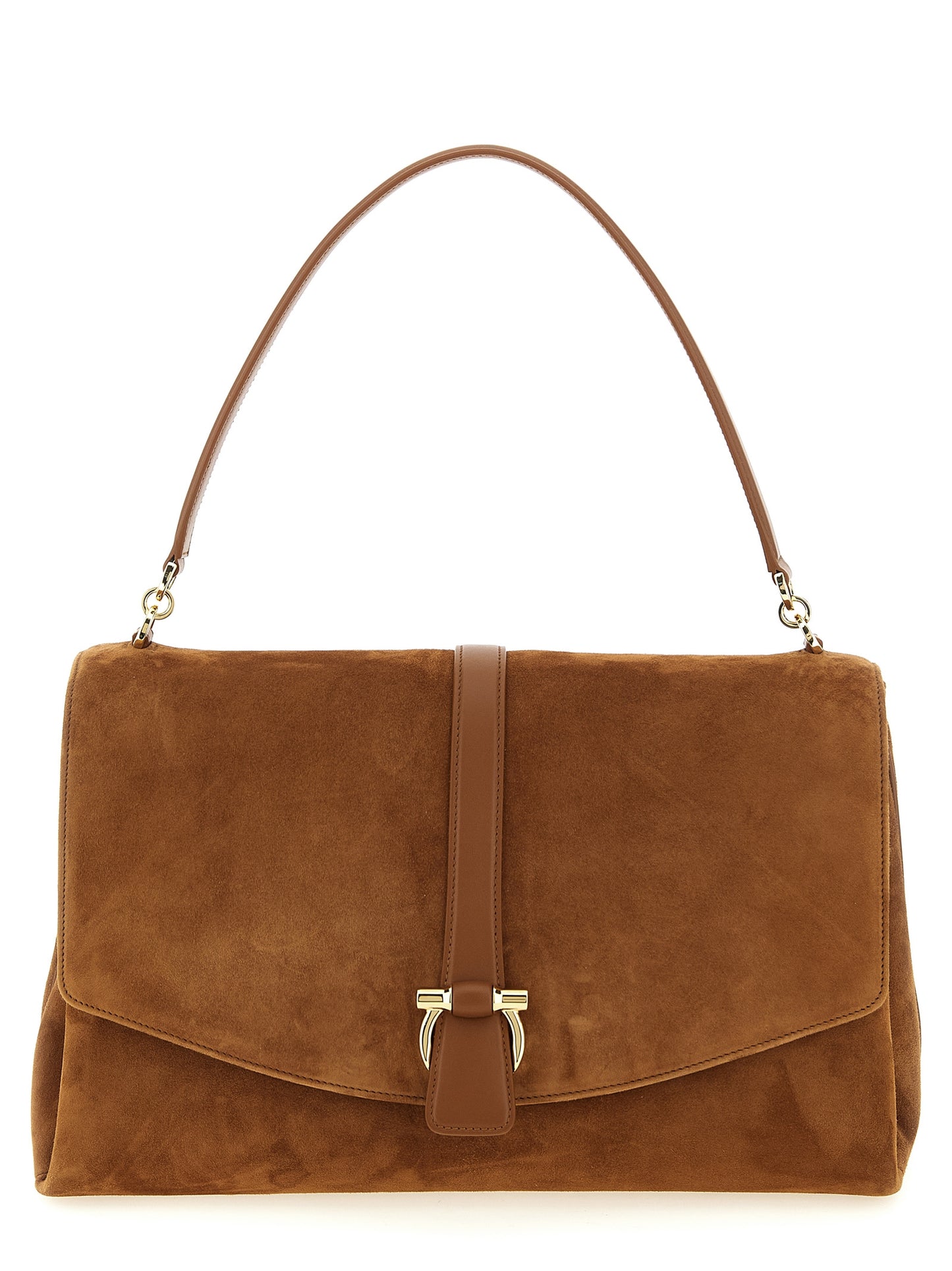 Shoulder Evening Saddle Bag by Ferragamo for women in suede leather brown & signature presents a versatile silhouette, showcasing a secure flap & magnetic and versatile with versatile shoulder-strap, handle & adjustable-strap for a sophisticated look.