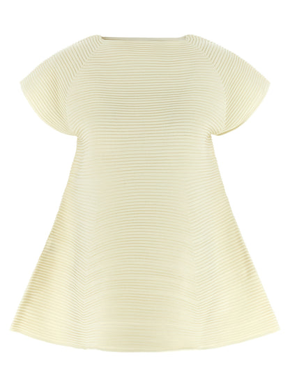 Issey Miyake Women's Flared Short-Sleeve Crew Neck Polyester & Nylon Dress - Bicolour Yellow