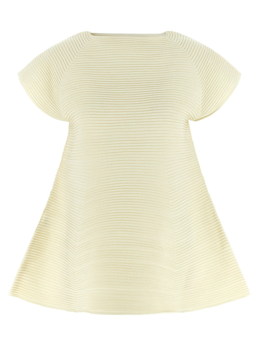 Issey Miyake Women's Flared Short-Sleeve Crew Neck Polyester & Nylon Dress - Bicolour Yellow