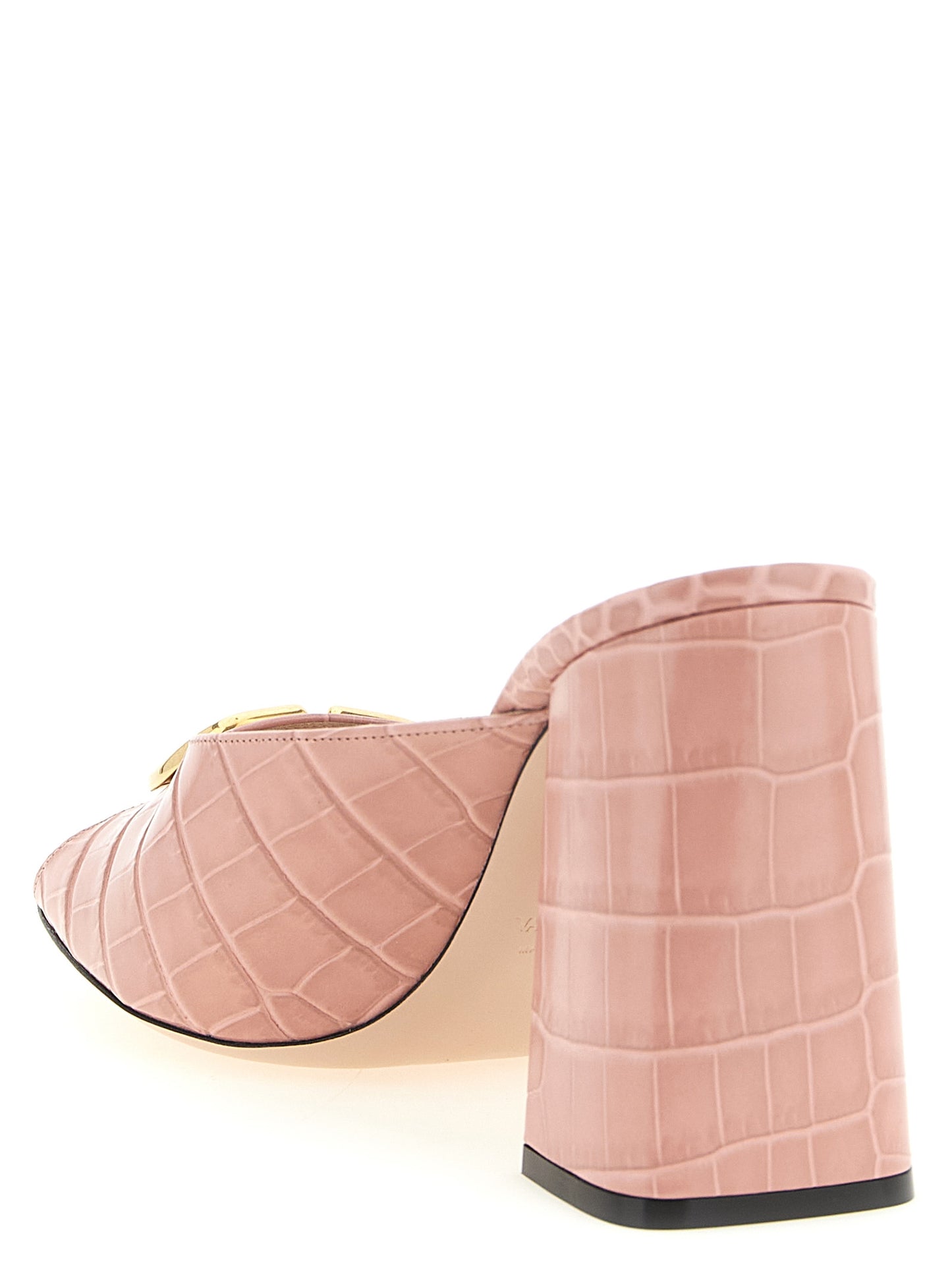 Stiletto Slider Sandals by Valentino Garavani for women in crocodile calfskin leather and multicolor, pink & signature presents a captivating silhouette, showcasing the signature style of the V Logo Women's Crocodile Calfskin Leather Stiletto Slider Sandals with a captivating stiletto and captivating .
