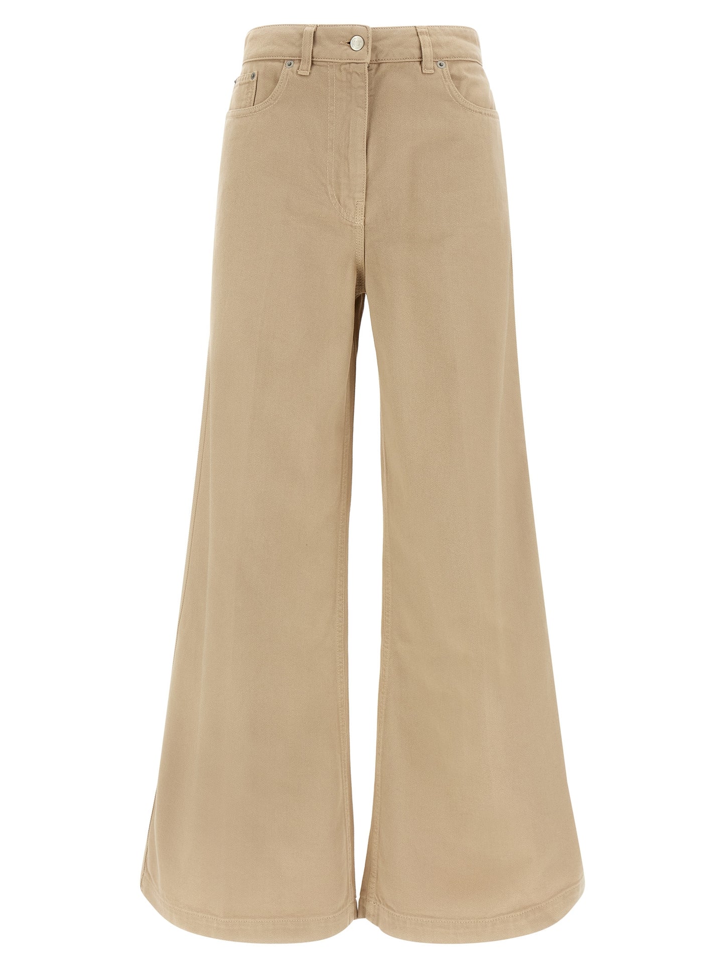 Trousers by NUDE for women in cotton beige, nude & signature features an sartorial silhouette, showcasing a precise flared and long with a sartorial for a refined look.