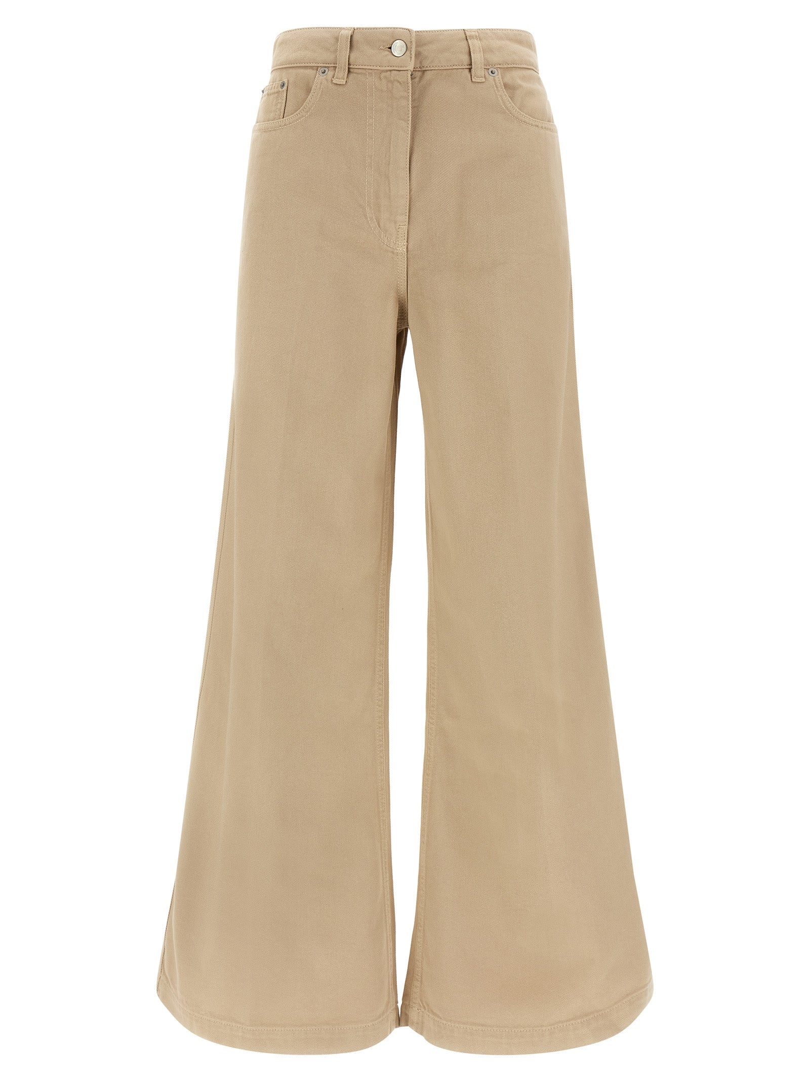 Trousers by NUDE for women in cotton beige, nude & signature features an sartorial silhouette, showcasing a precise flared and long with a sartorial for a refined look.