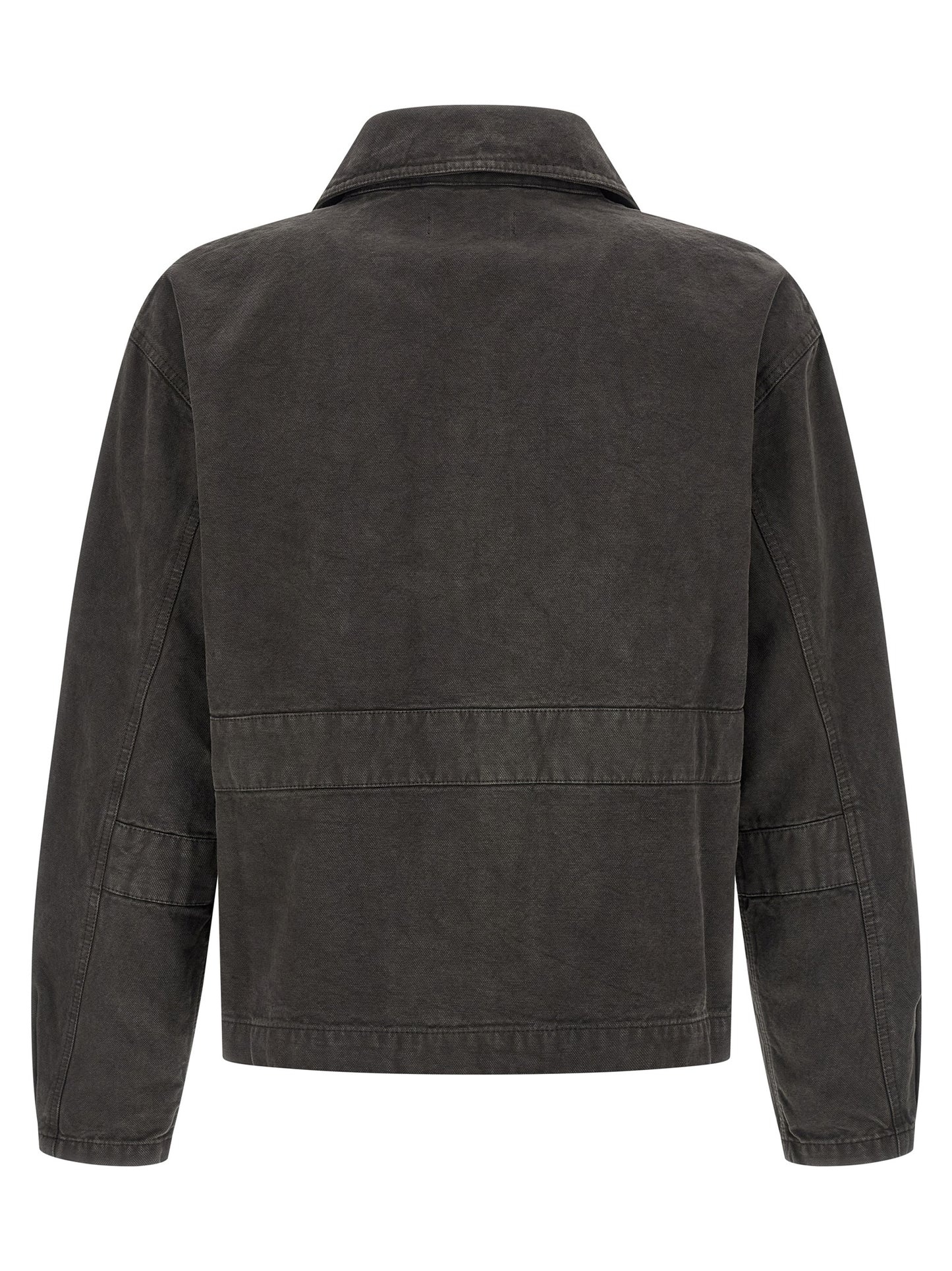 Trucker Jacket by MFPEN for men in organic cotton denim gray showcases a bohemian silhouette, artfully detailed with a bohemian shirt-collar neckline and signature for a truly bohemian finish.