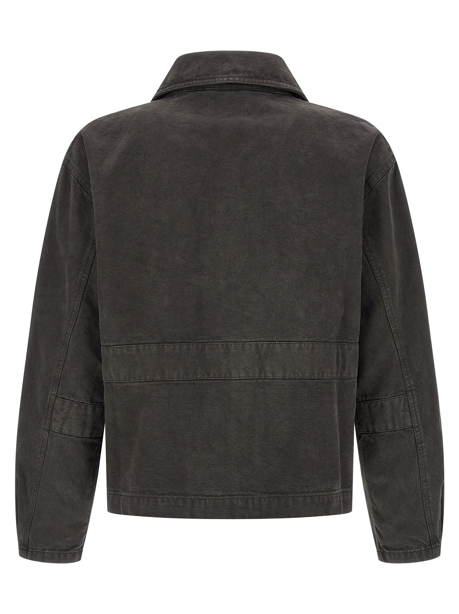 Trucker Jacket by MFPEN for men in organic cotton denim gray showcases a bohemian silhouette, artfully detailed with a bohemian shirt-collar neckline and signature for a truly bohemian finish.