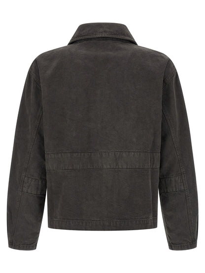Trucker Jacket by MFPEN for men in organic cotton denim gray showcases a bohemian silhouette, artfully detailed with a bohemian shirt-collar neckline and signature for a truly bohemian finish.