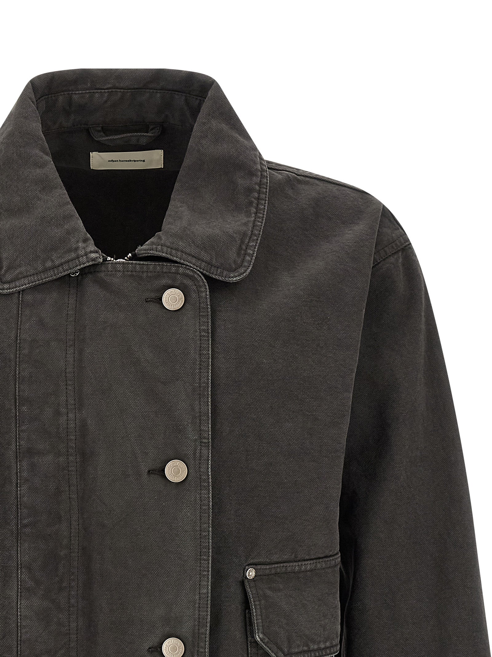 Trucker Jacket by MFPEN for men in organic cotton denim gray showcases a bohemian silhouette, artfully detailed with a bohemian shirt-collar neckline and signature for a truly bohemian finish.