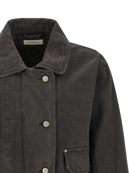 Trucker Jacket by MFPEN for men in organic cotton denim gray showcases a bohemian silhouette, artfully detailed with a bohemian shirt-collar neckline and signature for a truly bohemian finish.