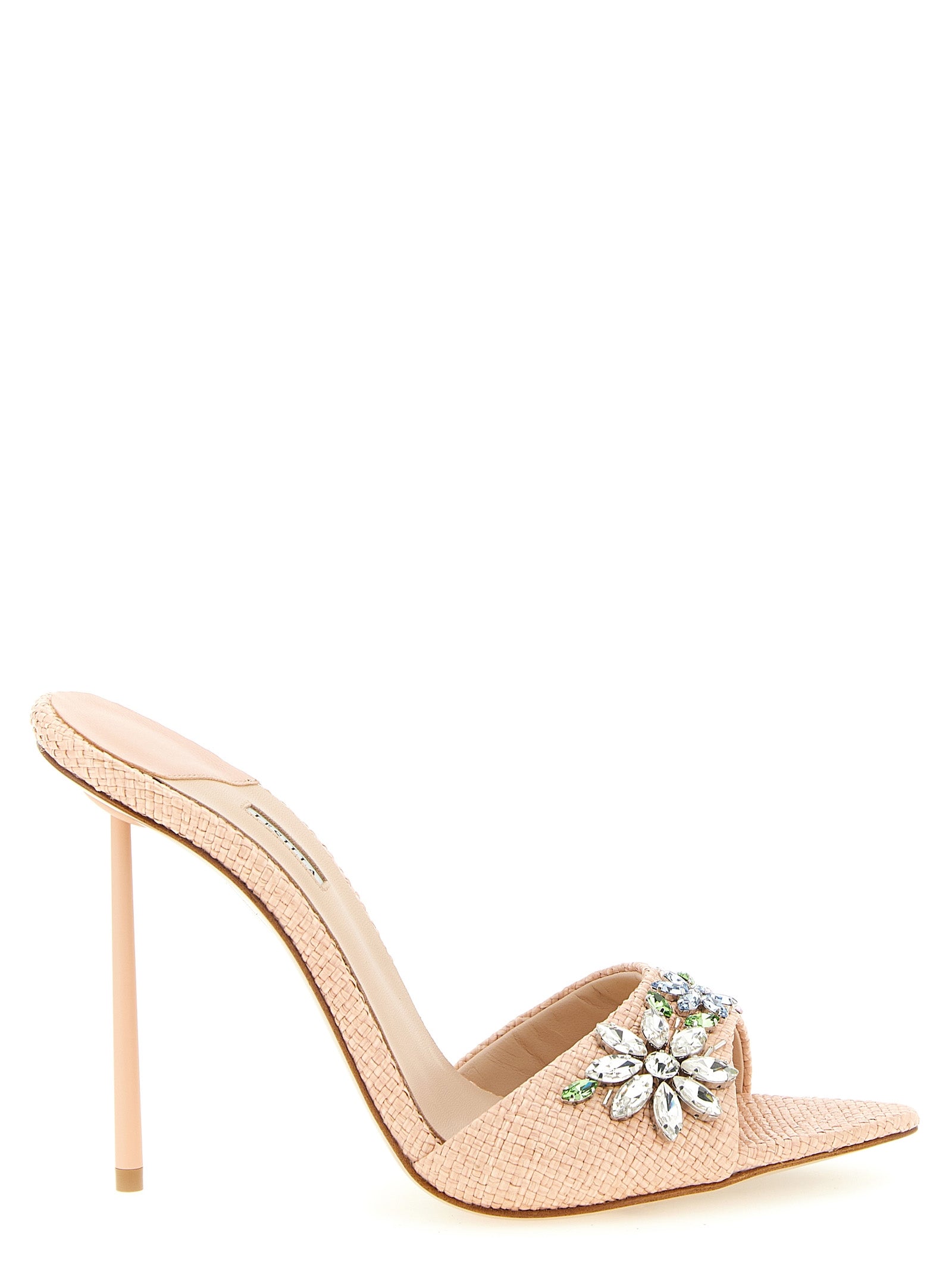 Stiletto Sandals by LE SILLA for women in raffia polyamide leather & crystal multicolor & pink features an exquisite silhouette, showcasing the exquisite Women's Raffia Polyamide Leather & Crystal Stiletto Sandals with a stiletto and pointed toe style.