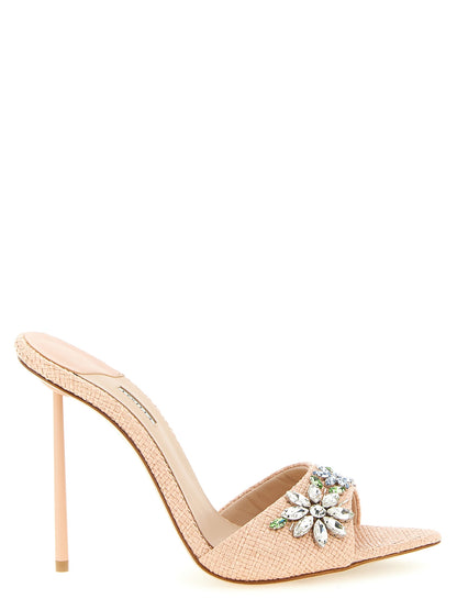 Stiletto Sandals by LE SILLA for women in raffia polyamide leather & crystal multicolor & pink features an exquisite silhouette, showcasing the exquisite Women's Raffia Polyamide Leather & Crystal Stiletto Sandals with a stiletto and pointed toe style.