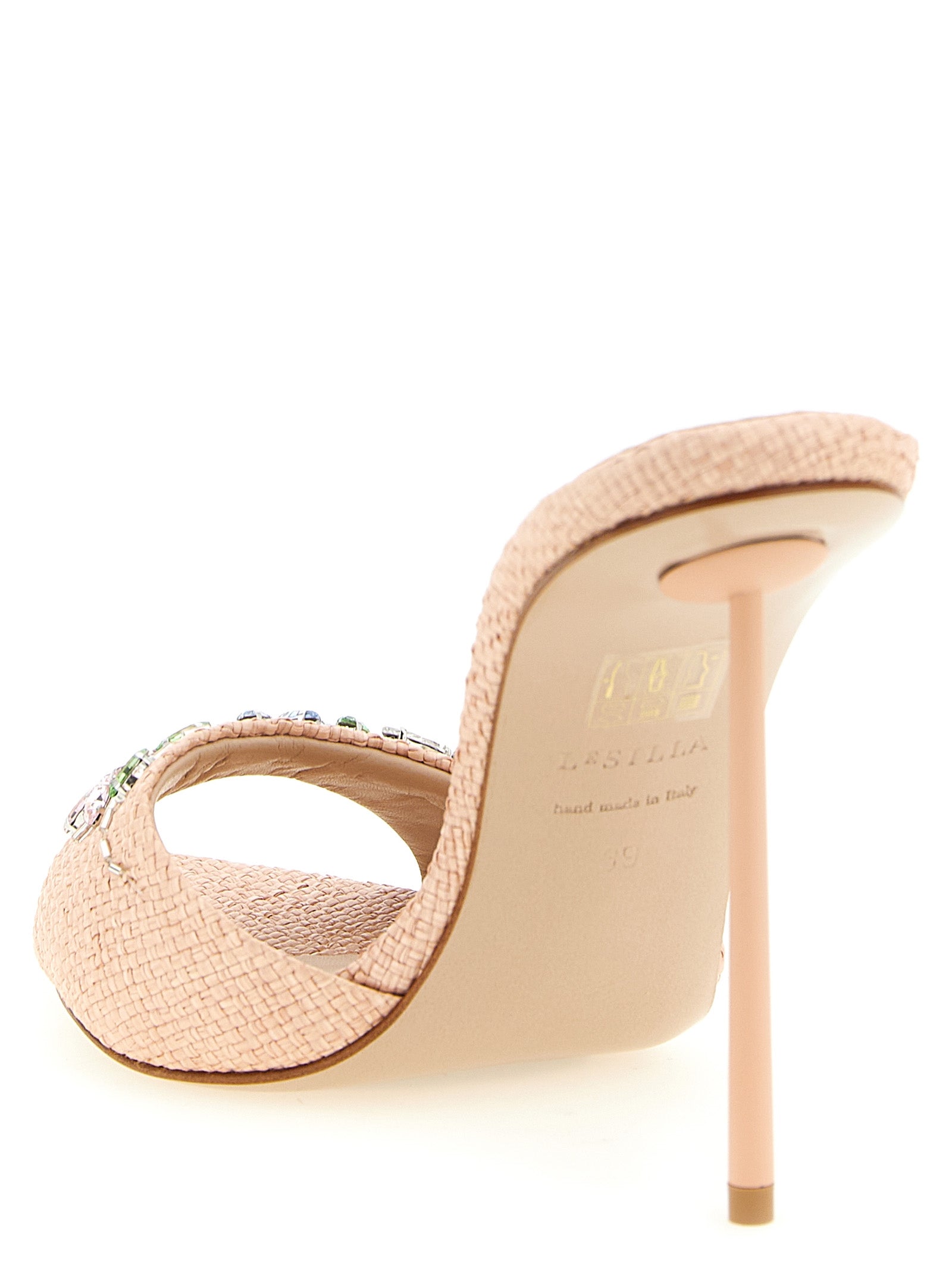 Stiletto Sandals by LE SILLA for women in raffia polyamide leather & crystal multicolor & pink showcases a sculptural silhouette as Women's Raffia Polyamide Leather & Crystal Stiletto Sandals, defined by a sculptural stiletto and sculptural pointed toe style for a sculptural look.