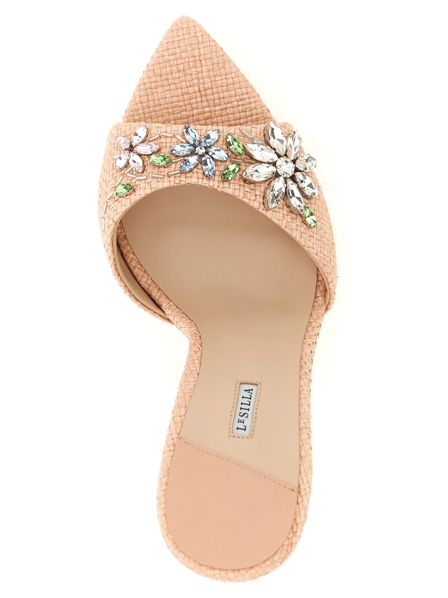 Stiletto Sandals by LE SILLA for women in raffia polyamide leather & crystal multicolor & pink features an architectural design from the Women's Raffia Polyamide Leather & Crystal Stiletto Sandals collection, defined by a architectural stiletto and pointed toe style for a architectural finish.
