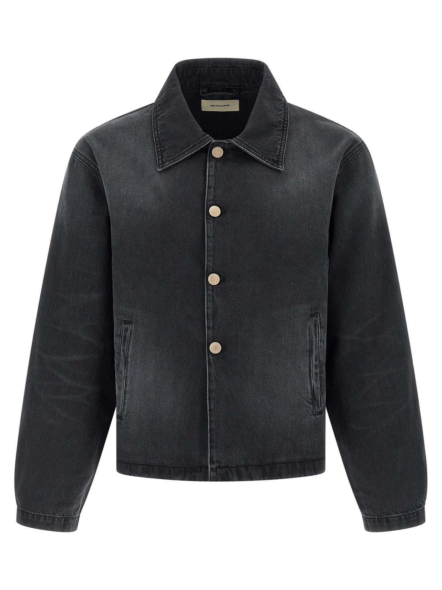Trucker Jacket by MFPEN for men in organic cotton denim black presents a effortlessly chic silhouette, showcasing a sophisticated shirt-collar neckline and premium pockets for a truly effortlessly chic finish.
