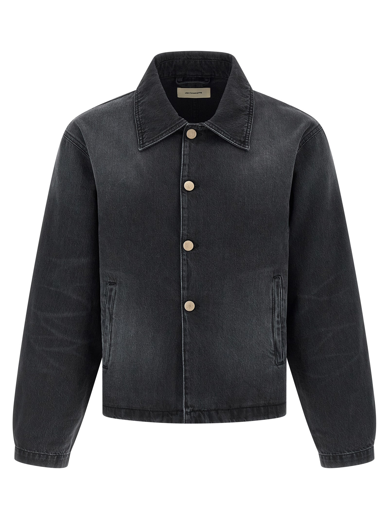 Trucker Jacket by MFPEN for men in organic cotton denim black presents a effortlessly chic silhouette, showcasing a sophisticated shirt-collar neckline and premium pockets for a truly effortlessly chic finish.