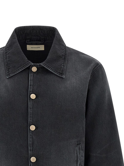 Trucker Jacket by MFPEN for men in organic cotton denim black features a dramatic silhouette, showcasing a sophisticated shirt-collar neckline and distinctive pockets for a dramatic aesthetic.