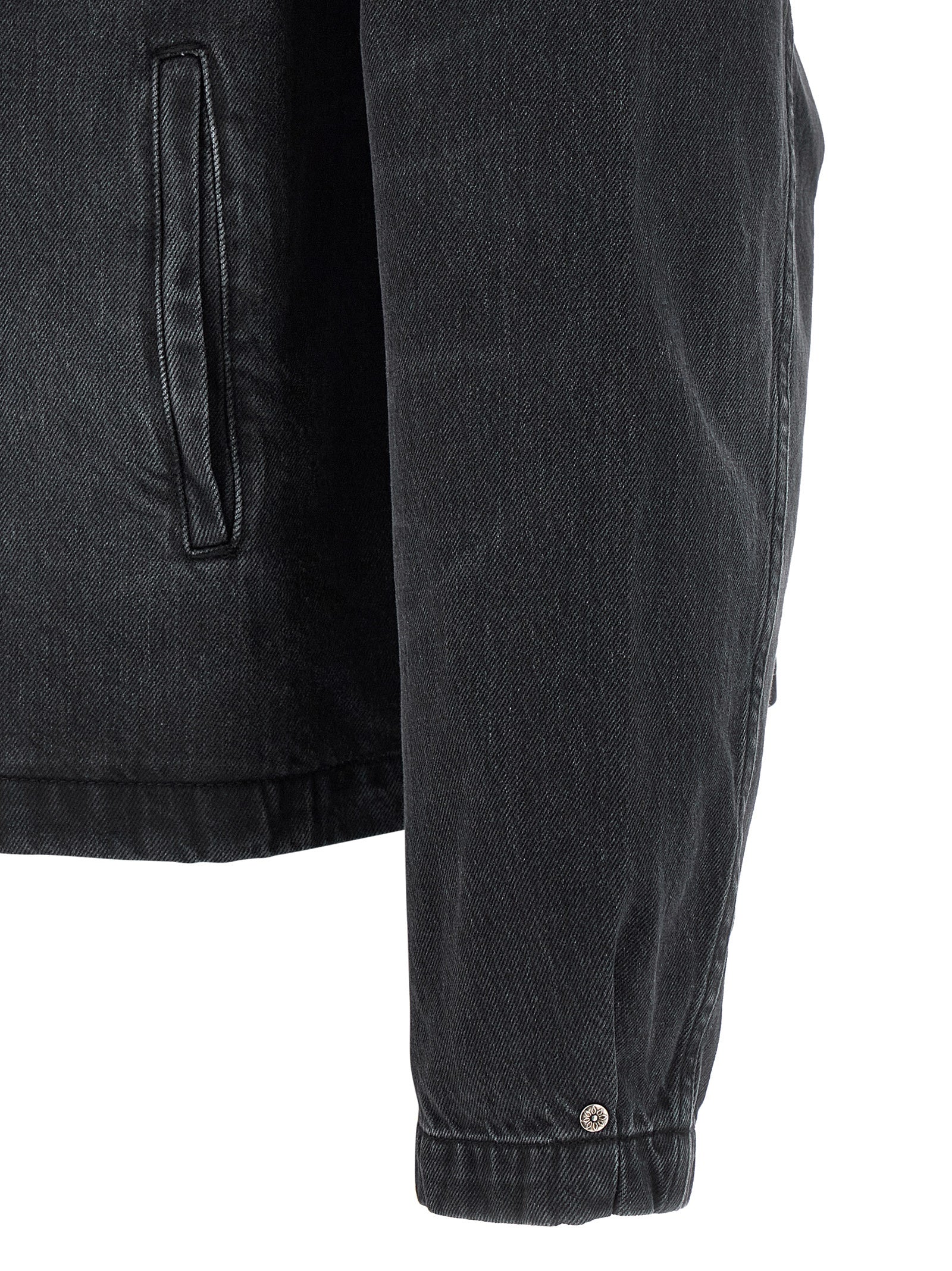 Trucker Jacket by MFPEN for men in organic cotton denim black showcases a bohemian silhouette, artfully detailed with a bohemian and signature pockets for a truly bohemian finish.
