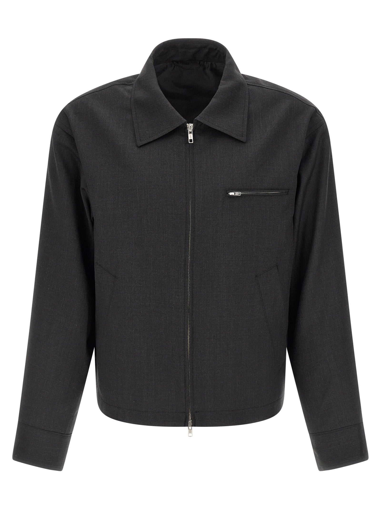 Overcoat by MFPEN for men in wool gray features a contemporary silhouette showcasing a contemporary shirt-collar neckline and refined lightweight & pockets for a sophisticated finish.