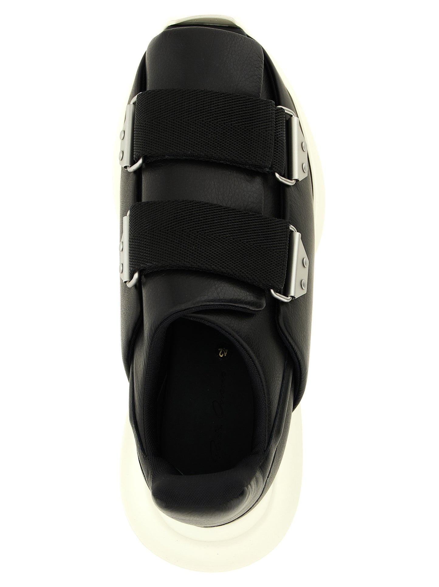 Athletic Sneakers by Rick Owens for men in cotton & bos taurus cowhide leather black showcases a architectural silhouette, artfully capturing the essence of the Men's Athletic Cotton & Bos Taurus Cowhide Leather Sneakers with its signature architectural athletic style construction.