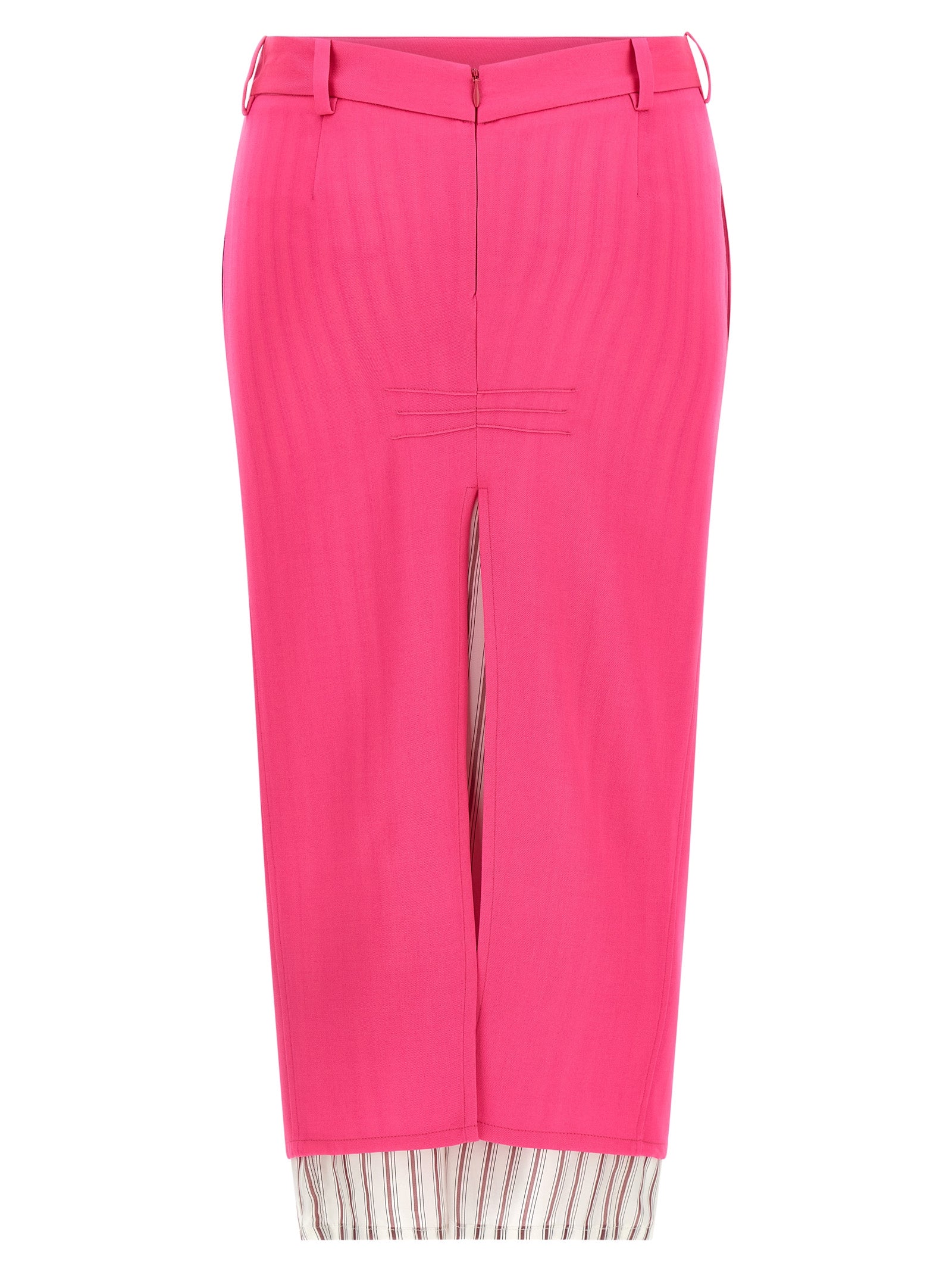 Skirt by The Attico for women in virgin wool fuchsia & striped showcases a dramatic silhouette, artfully capturing the essence of the Women's Asymmetrical Virgin Wool Skirt in a dramatic midi cut for a refined look.