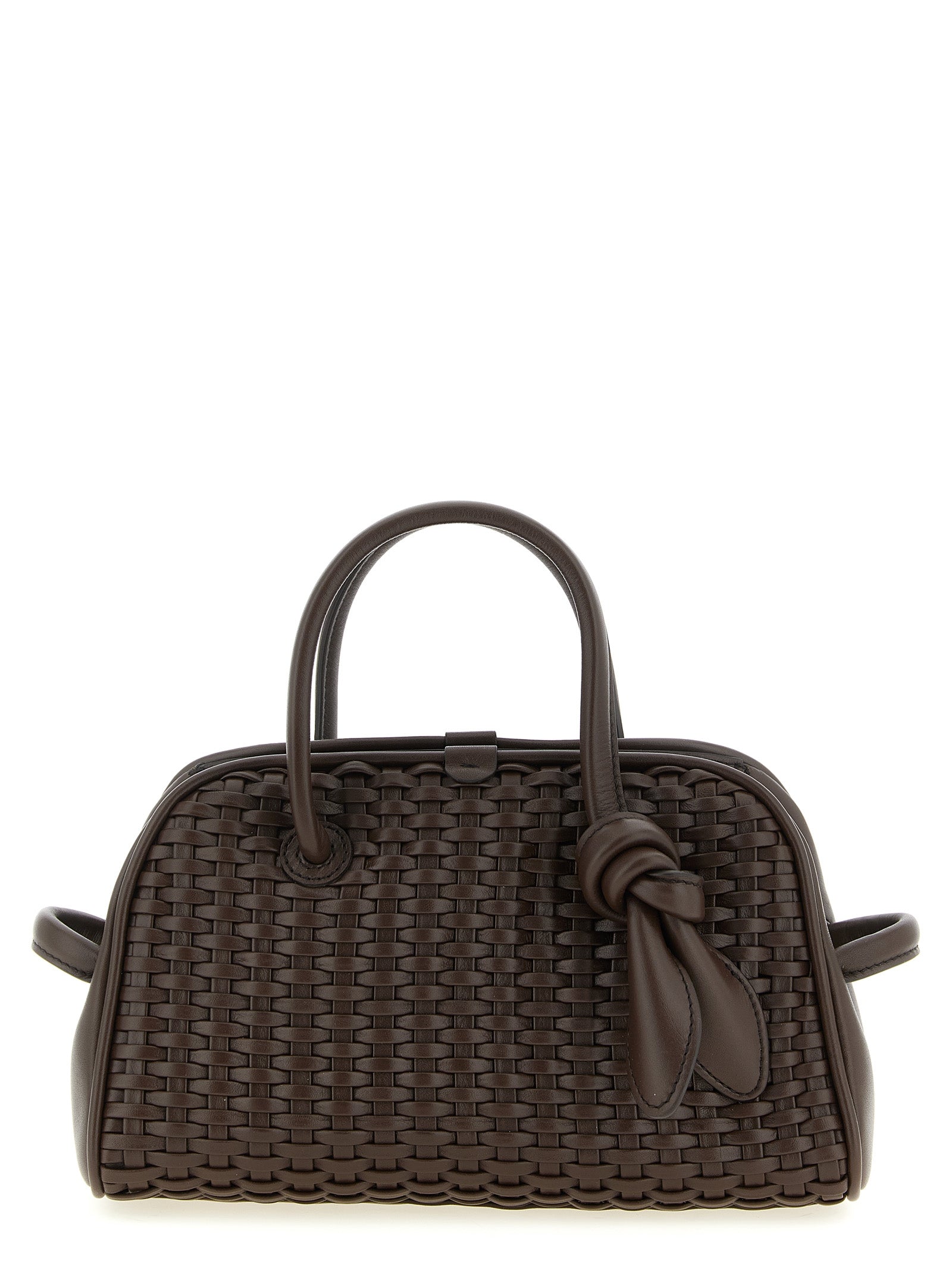 This Bowling Handbag by Jacquemus for women in polyester cotton & suede leather and brown, patterned & chevron presents a sculptural silhouette featuring a secure zipper, ample , and versatile adjustable-strap & handle for a sculptural finish.