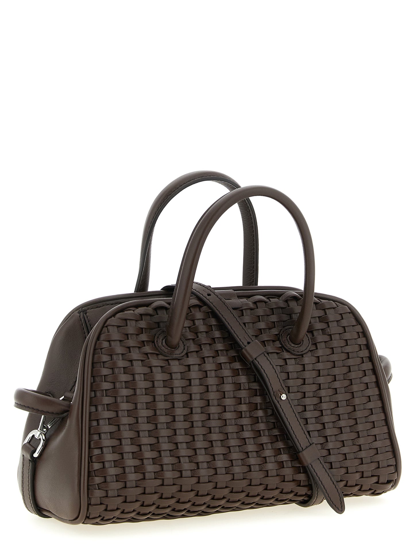 Bowling Handbag by Jacquemus for women in polyester cotton & suede leather brown, patterned & chevron features a contemporary silhouette, showcasing a secure zipper, ample , and contemporary adjustable-strap & handle for a sophisticated look.