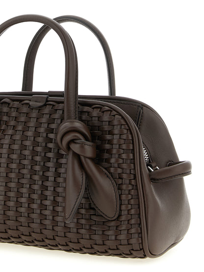 Bowling Handbag by Jacquemus for women in polyester cotton & suede leather brown, patterned & chevron features a signature silhouette, showcasing a secure zipper and signature with versatile adjustable-strap & handle for a sophisticated look.