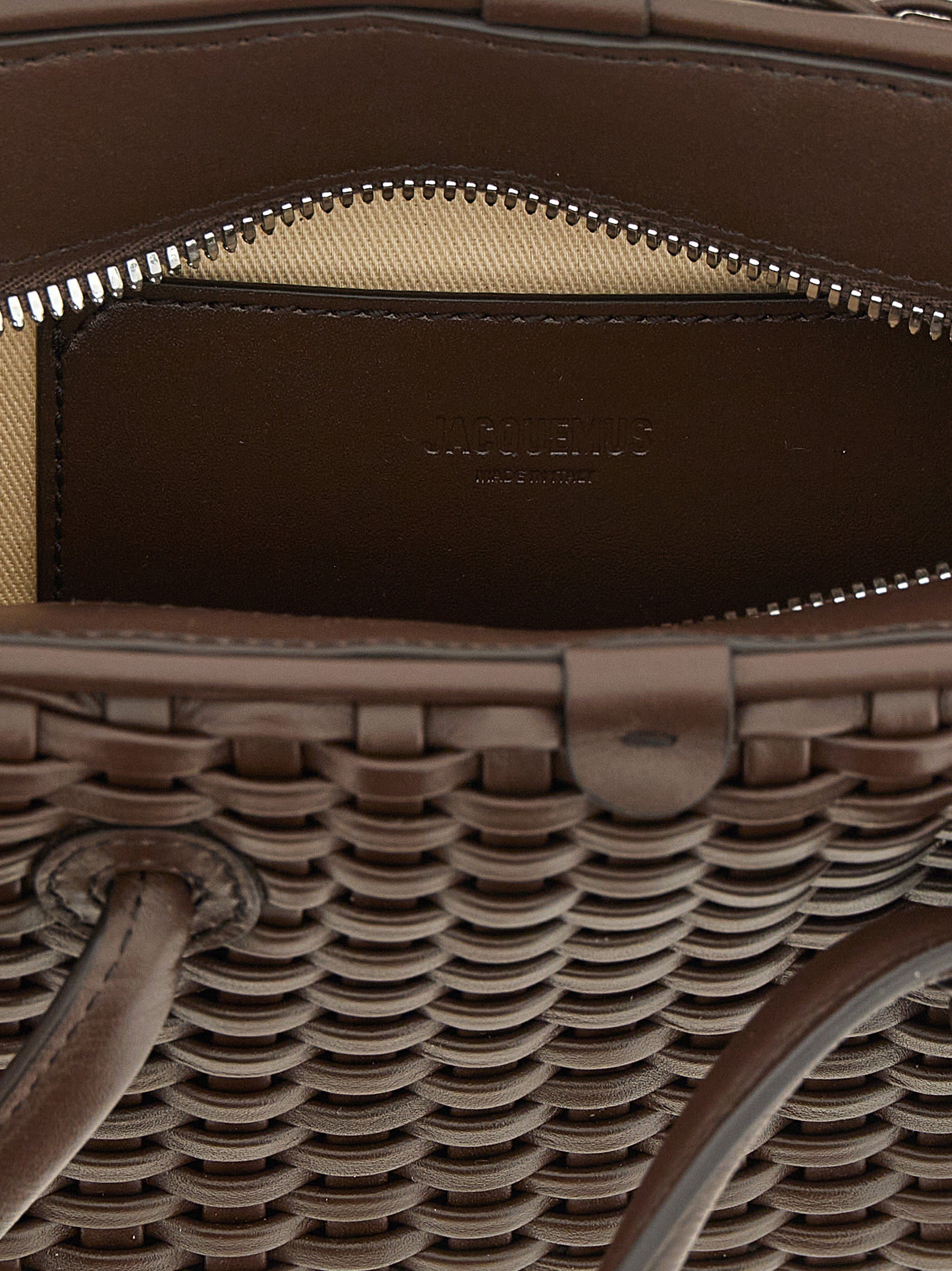 Bowling Handbag by Jacquemus for women in polyester cotton & suede leather brown, patterned & chevron features a exquisite silhouette, showcasing a secure zipper and exquisite with versatile adjustable-strap & handle for a exquisite finish.