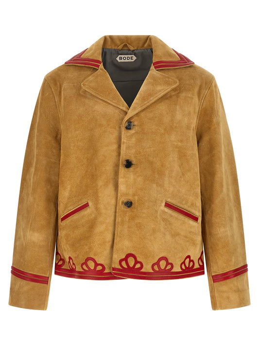 Jacket by BODE for men in bos taurus suede cowhide leather beige & horn presents a authentic silhouette, artfully detailed with a authentic lapel neckline and functional pockets for a premium authentic finish.