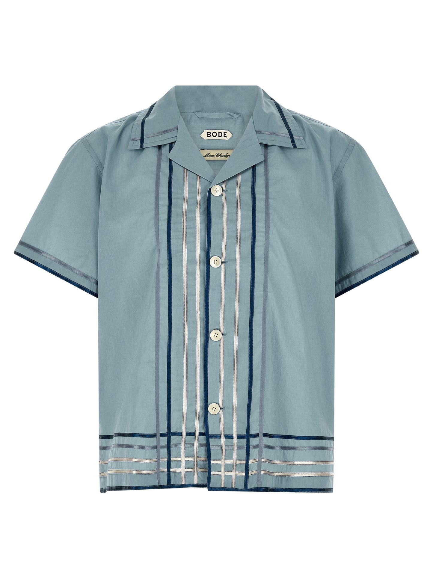 Shirt by BODE for men in cotton satin light-blue, pearl & plaid features an architectural silhouette with a refined short-sleeve and elegant for a architectural look.